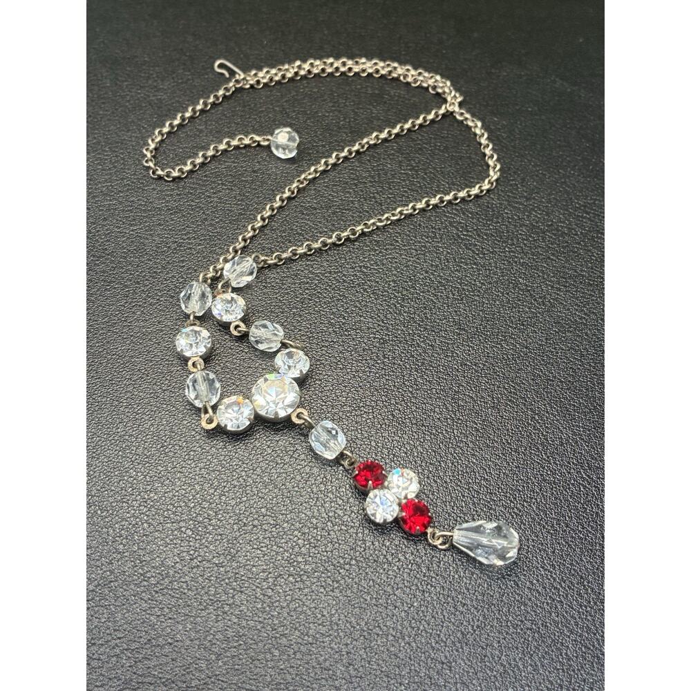 Vintage Red And Clear Crystal Bead Statement Necklace with Y Drop Pendant